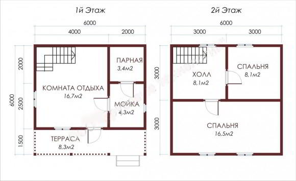 Двухэтажная баня из бруса 6 х 6