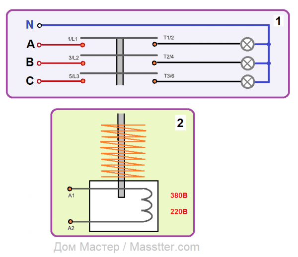 Схемы подключения магнитного пускателя (контактора) и принцип действия