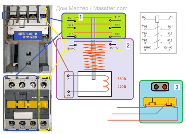 Схемы подключения магнитного пускателя (контактора) и принцип действия